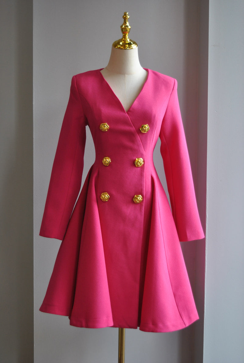 CLEARANCE - FUCHSIA PINK FIT AND FLAIR DRESS WITH GOLD BUTTONS