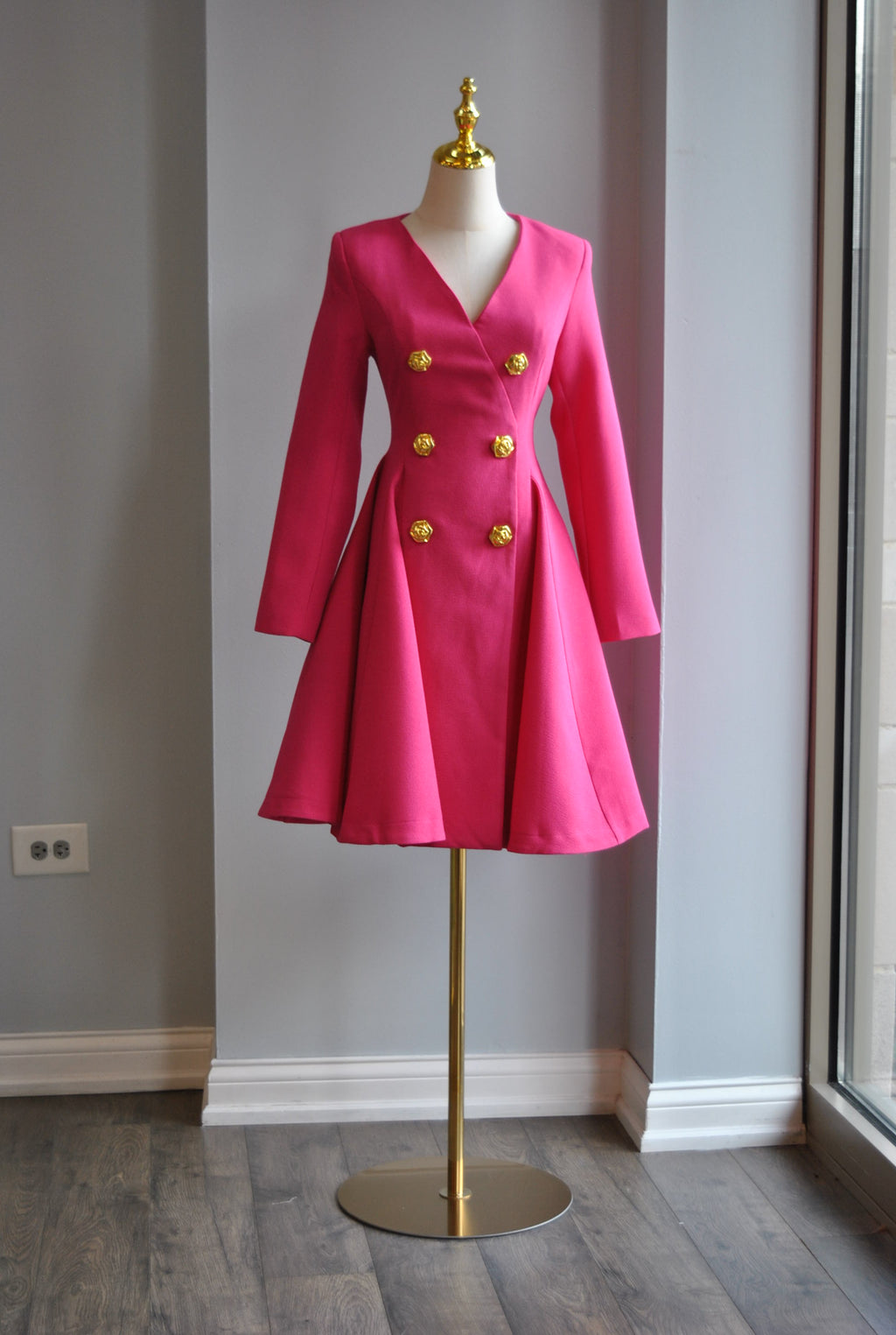 CLEARANCE - FUCHSIA PINK FIT AND FLAIR DRESS WITH GOLD BUTTONS
