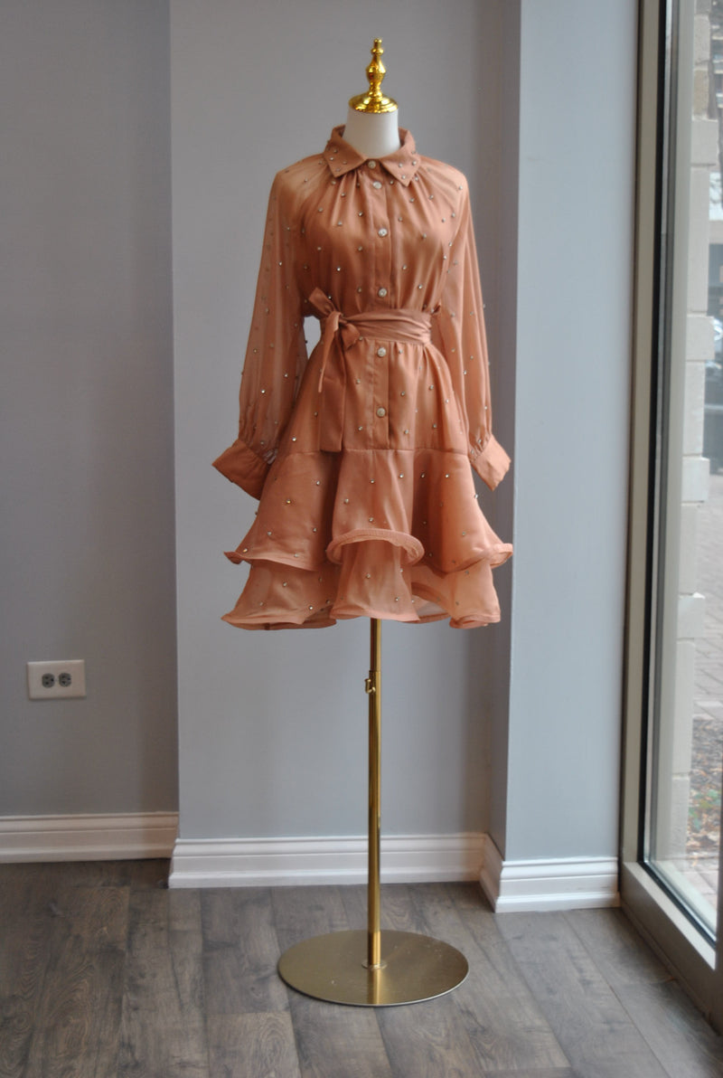 CARAMEL TUNIC DRESS WITH CRYSTALS
