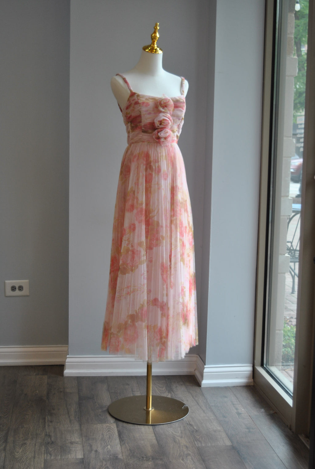 PINK MULTI MIDI MESH PLEATED DRESS