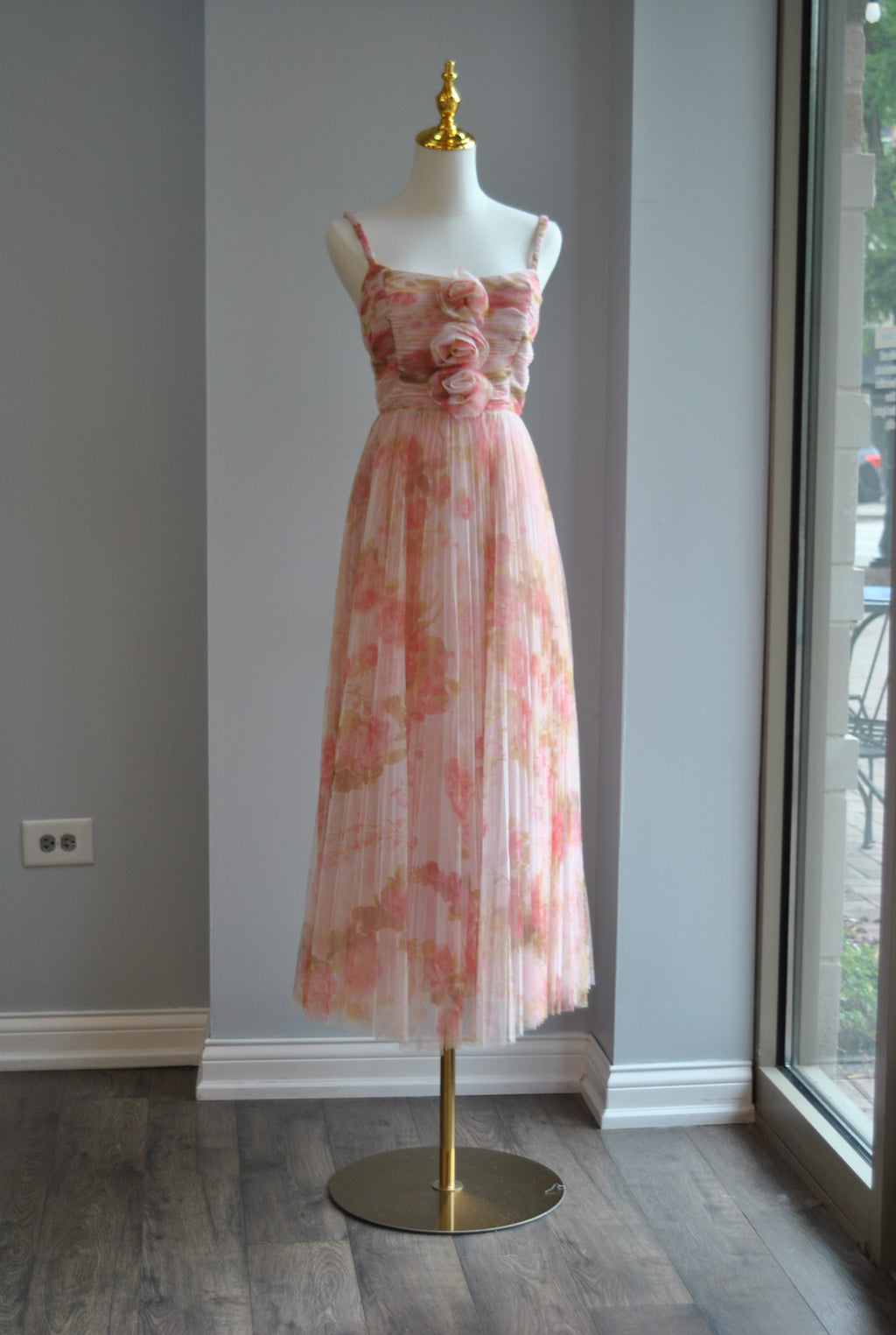 PINK MULTI MIDI MESH PLEATED DRESS