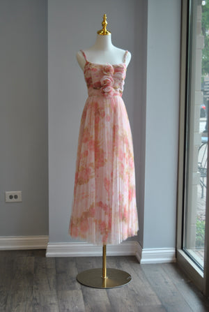 PINK MULTI MIDI MESH PLEATED DRESS