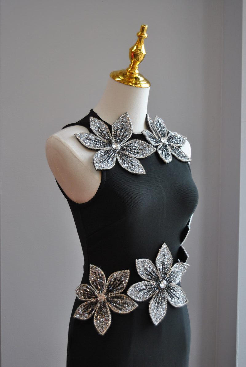 BLACK BANDAGE DRESS WITH CRYSTAL FLOWERS