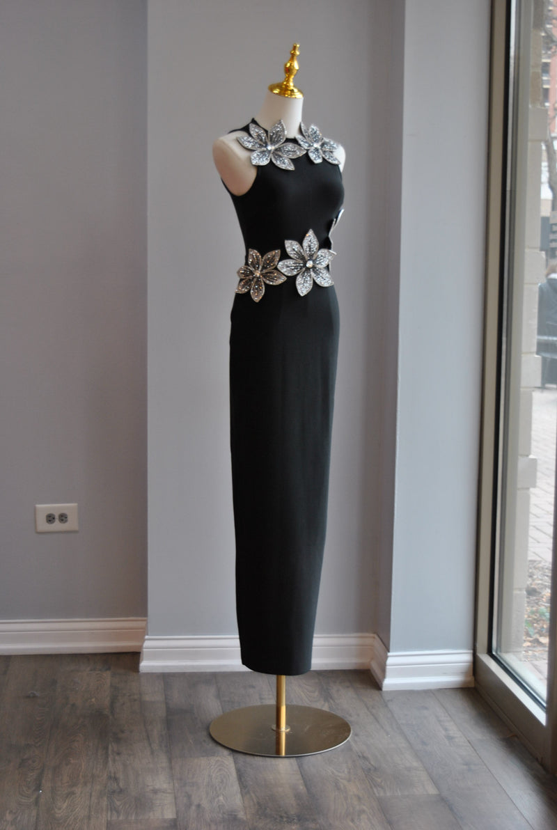 BLACK BANDAGE DRESS WITH CRYSTAL FLOWERS