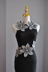 BLACK BANDAGE DRESS WITH CRYSTAL FLOWERS