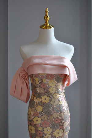 MULTICOLOR SEQUIN FLOWET OFF THE SHOULDER DRESS