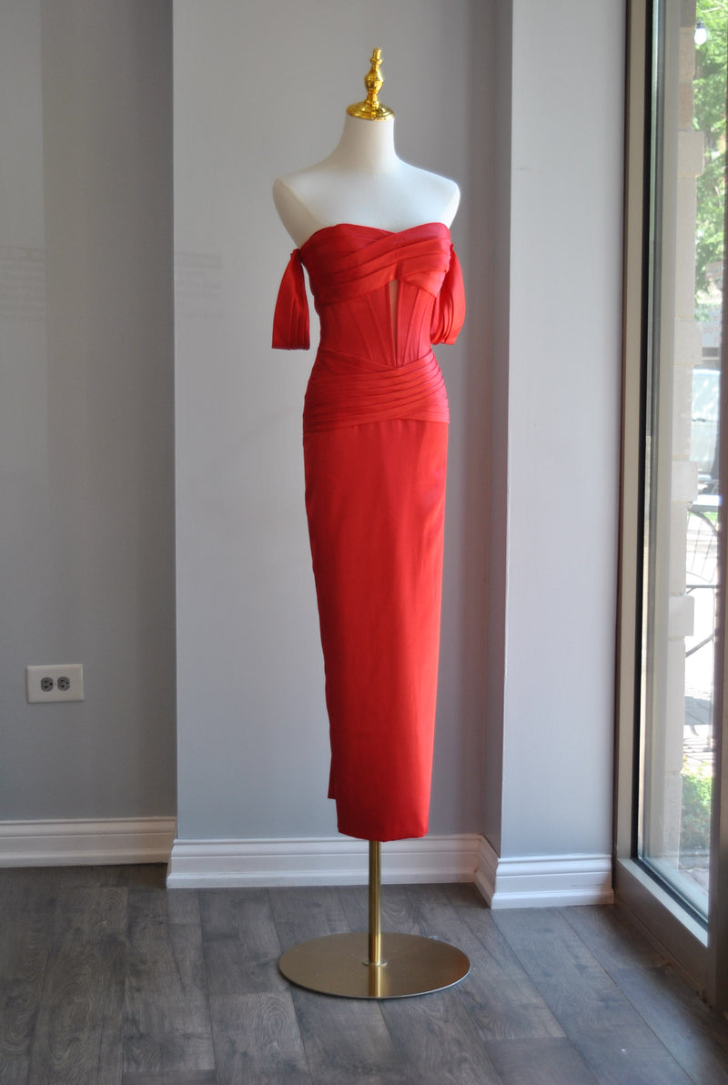 RED SILKY MIDI COCKTAIL DRESS