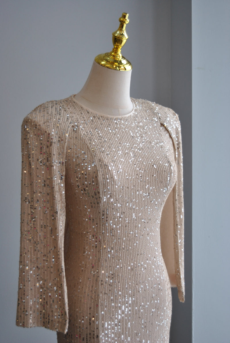VANILLA SEQUIN MINI PARTY DRESS WITH A CAPE