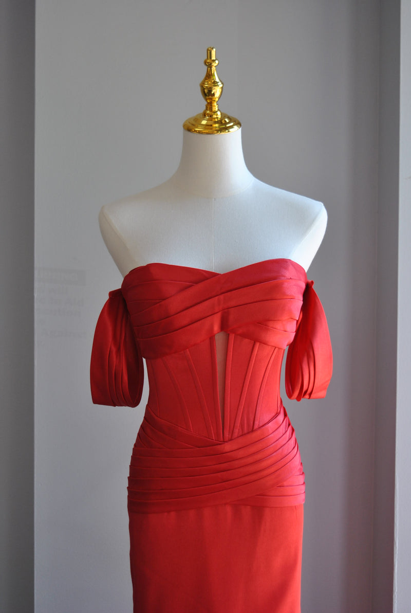 RED SILKY MIDI COCKTAIL DRESS