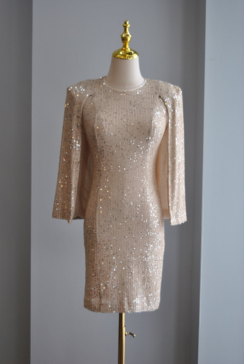 VANILLA SEQUIN MINI PARTY DRESS WITH A CAPE