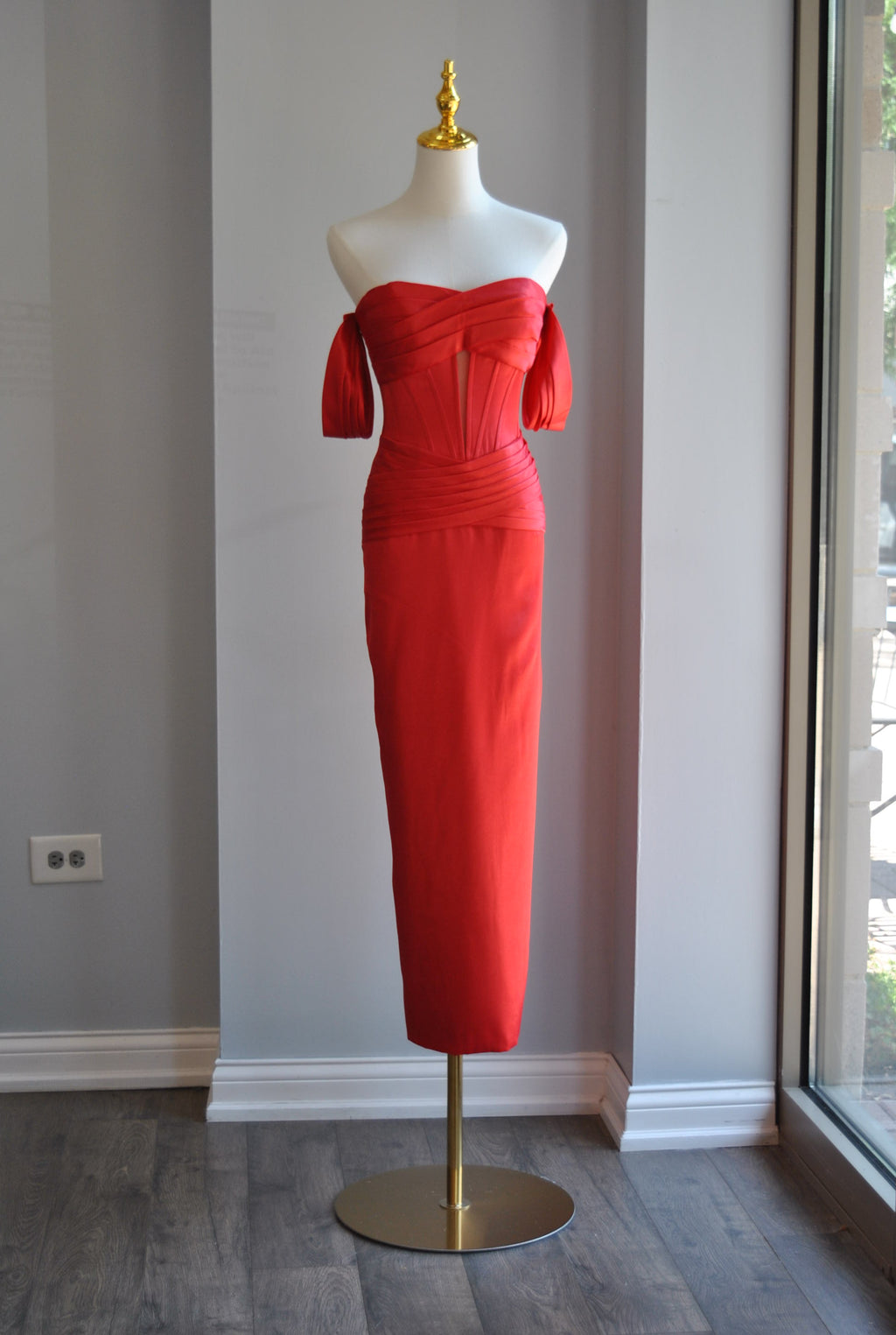 RED SILKY MIDI COCKTAIL DRESS
