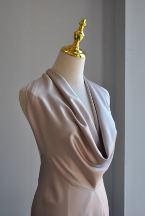 CHAMPAGNE SILKY LONG HALTER STYLE EVENING DRESS WITH OPEN BACK