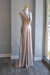 CHAMPAGNE SILKY LONG HALTER STYLE EVENING DRESS WITH OPEN BACK