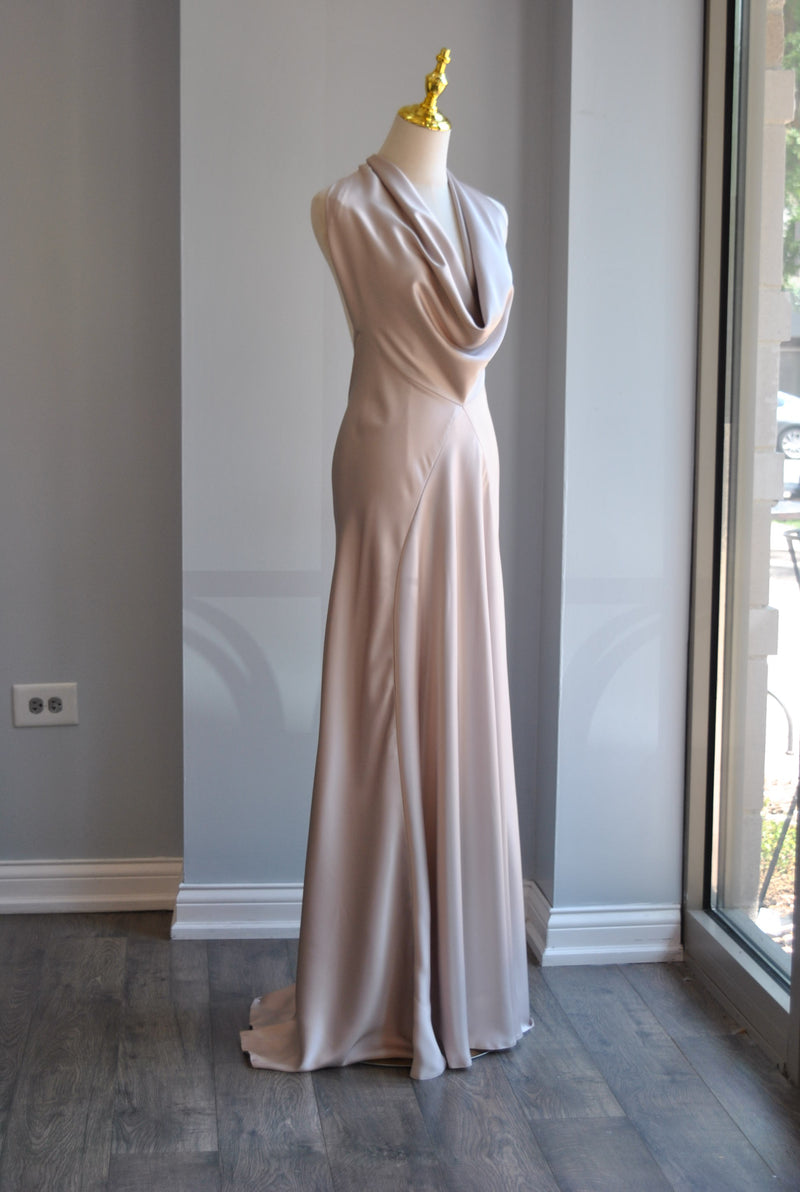CHAMPAGNE SILKY LONG HALTER STYLE EVENING DRESS WITH OPEN BACK