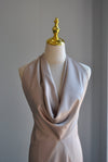CHAMPAGNE SILKY LONG HALTER STYLE EVENING DRESS WITH OPEN BACK