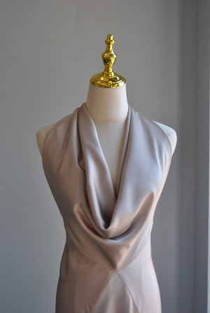 CHAMPAGNE SILKY LONG HALTER STYLE EVENING DRESS WITH OPEN BACK