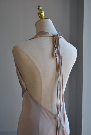CHAMPAGNE SILKY LONG HALTER STYLE EVENING DRESS WITH OPEN BACK
