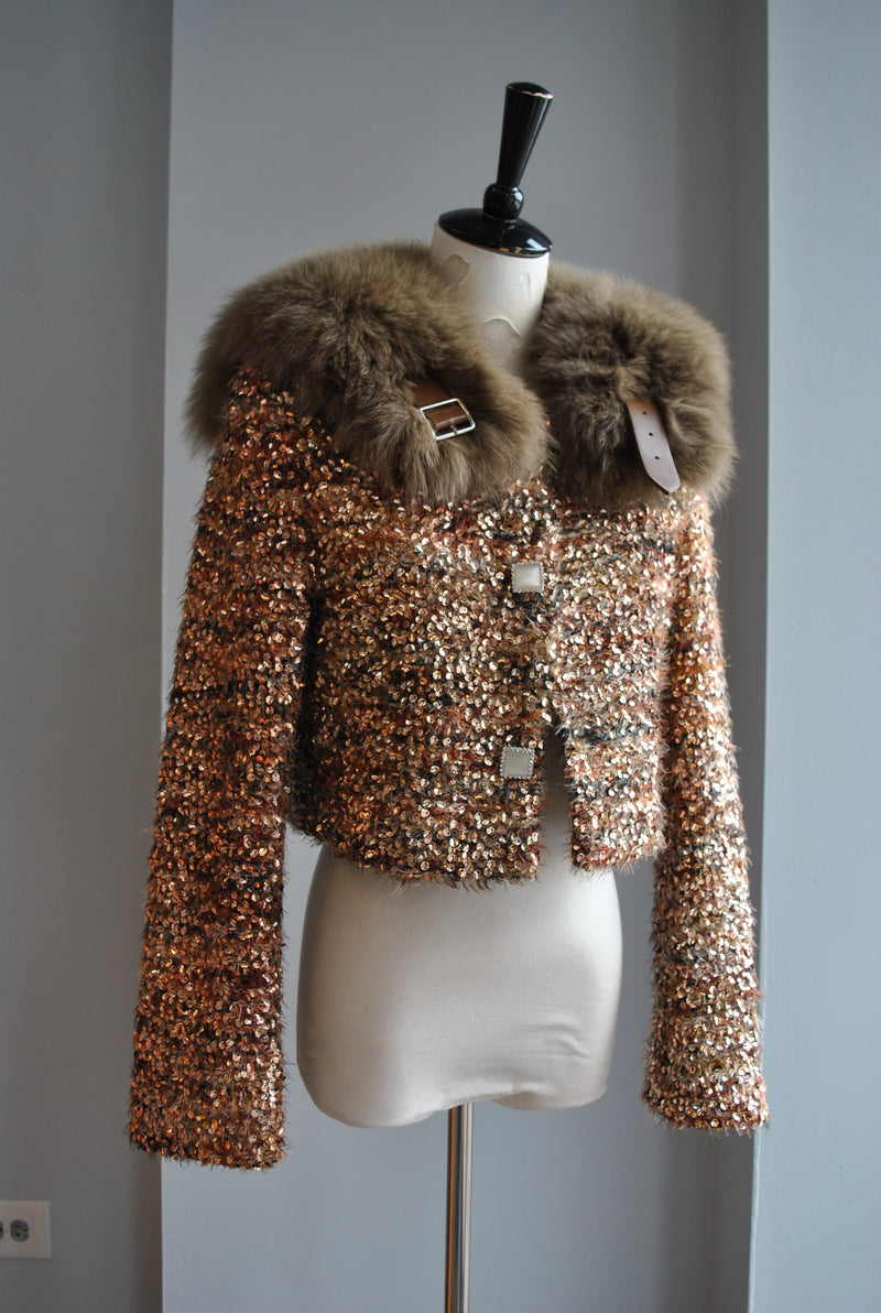 BROWN AND GOLD SEQUIN AND FUR CROPPED BLAZER