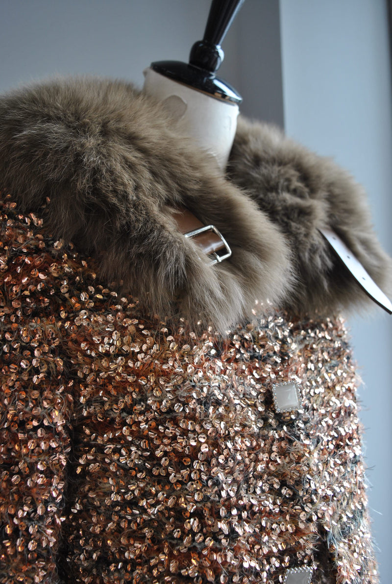 BROWN AND GOLD SEQUIN AND FUR CROPPED BLAZER