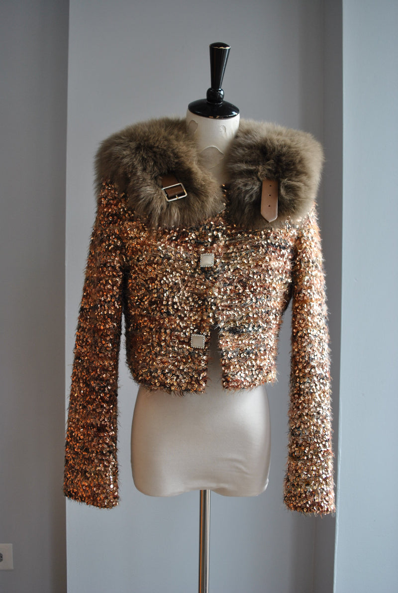BROWN AND GOLD SEQUIN AND FUR CROPPED BLAZER