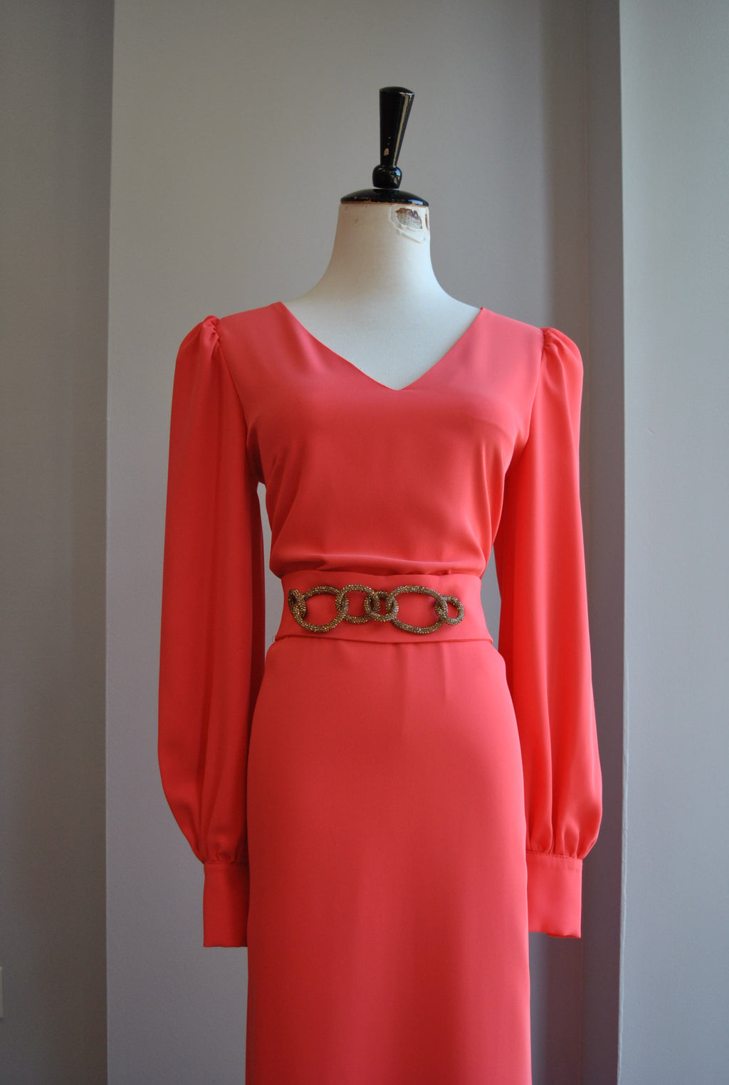 COARL COLOR LONG EVENING DRESS WITH CRYSTAL BELT