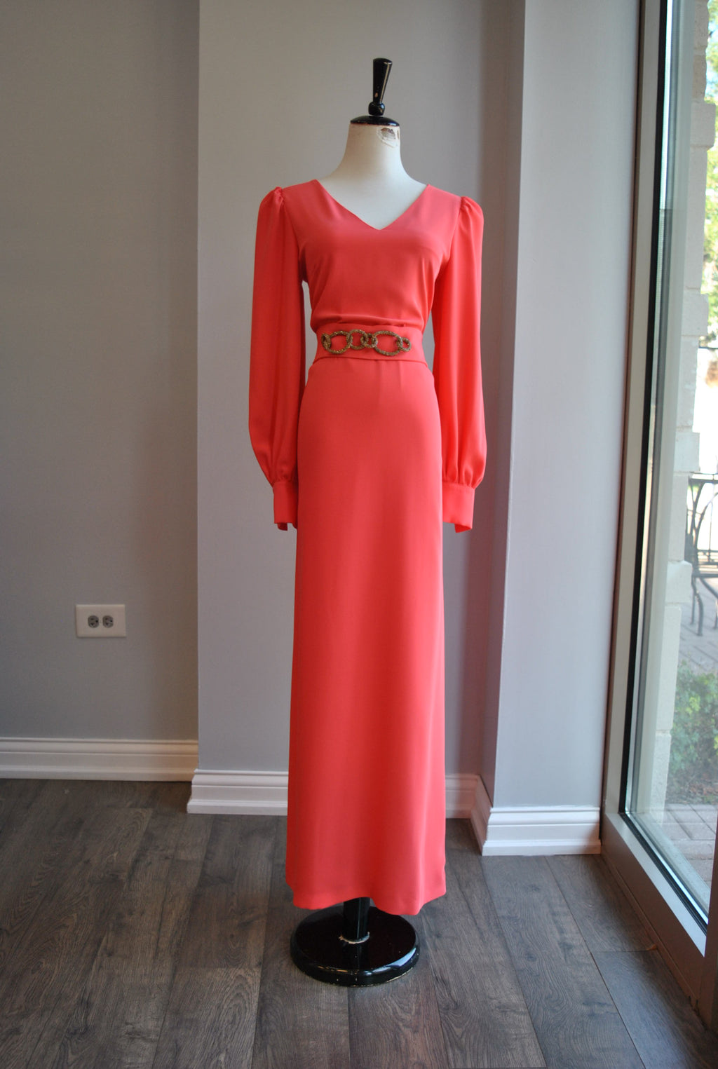 COARL COLOR LONG EVENING DRESS WITH CRYSTAL BELT
