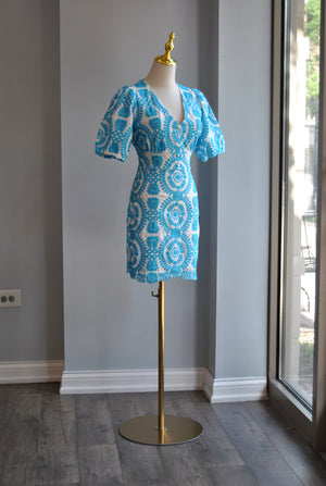 WHITE AND TURQUOISE SUMMER MINI DRESS