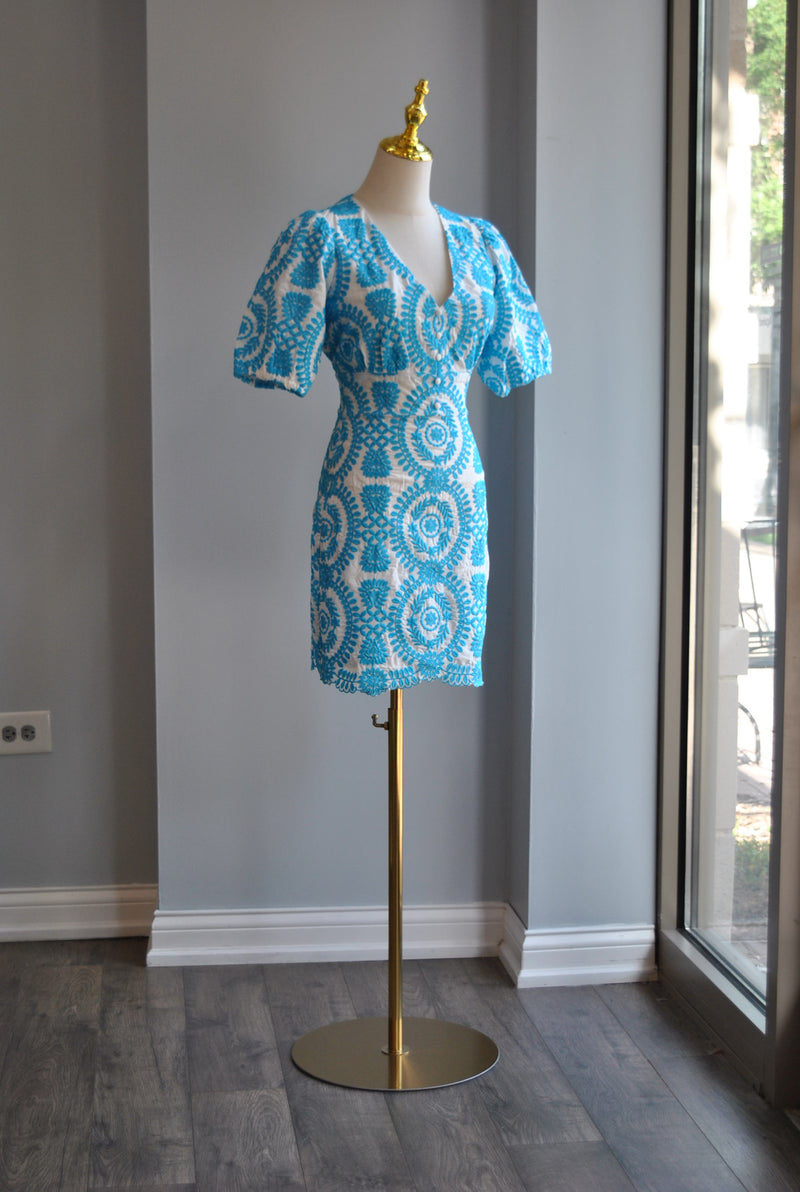 WHITE AND TURQUOISE SUMMER MINI DRESS