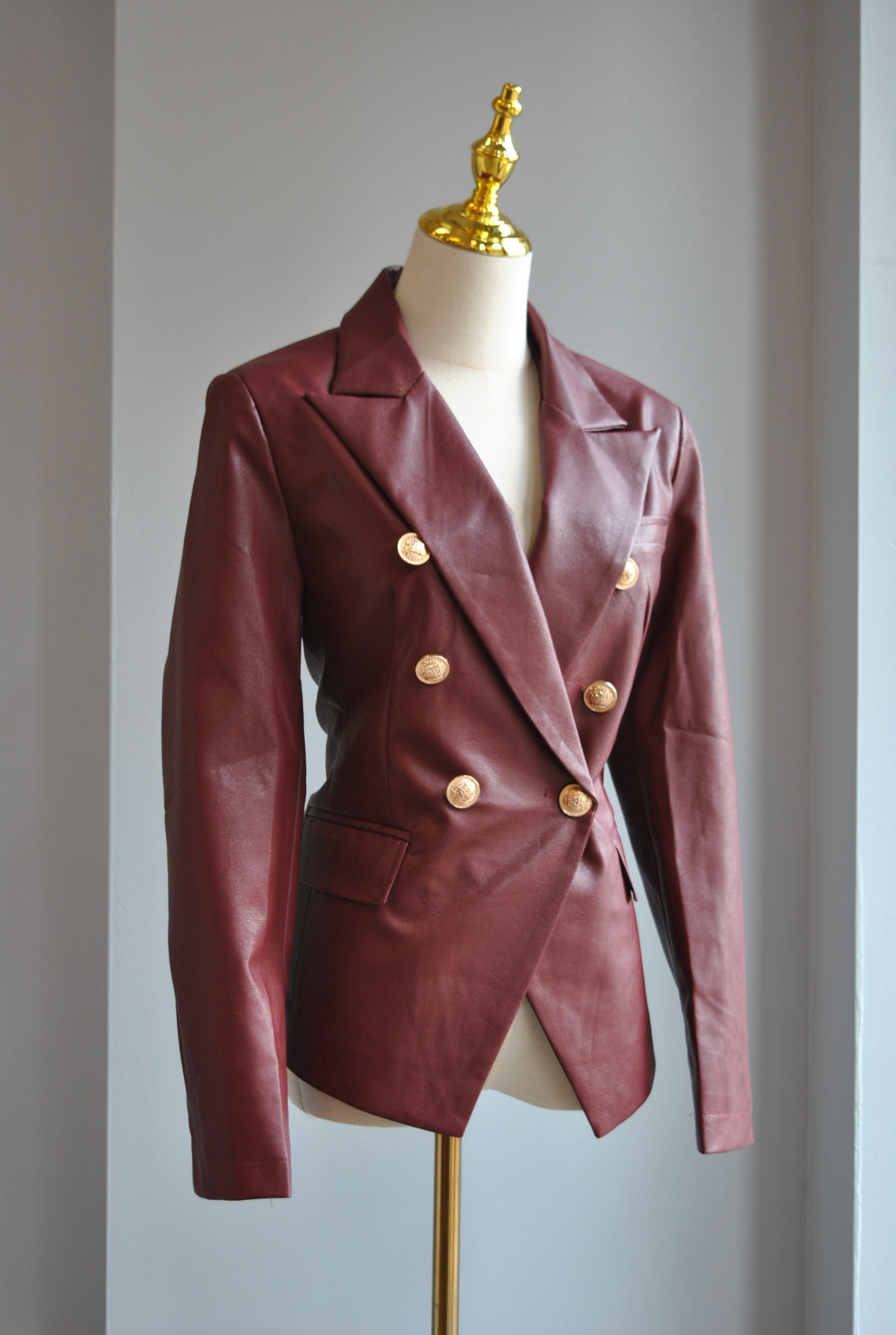 WINE COLOR FAUX LEATHER DOUBLE BREASTED JACKET – Le Obsession Boutique
