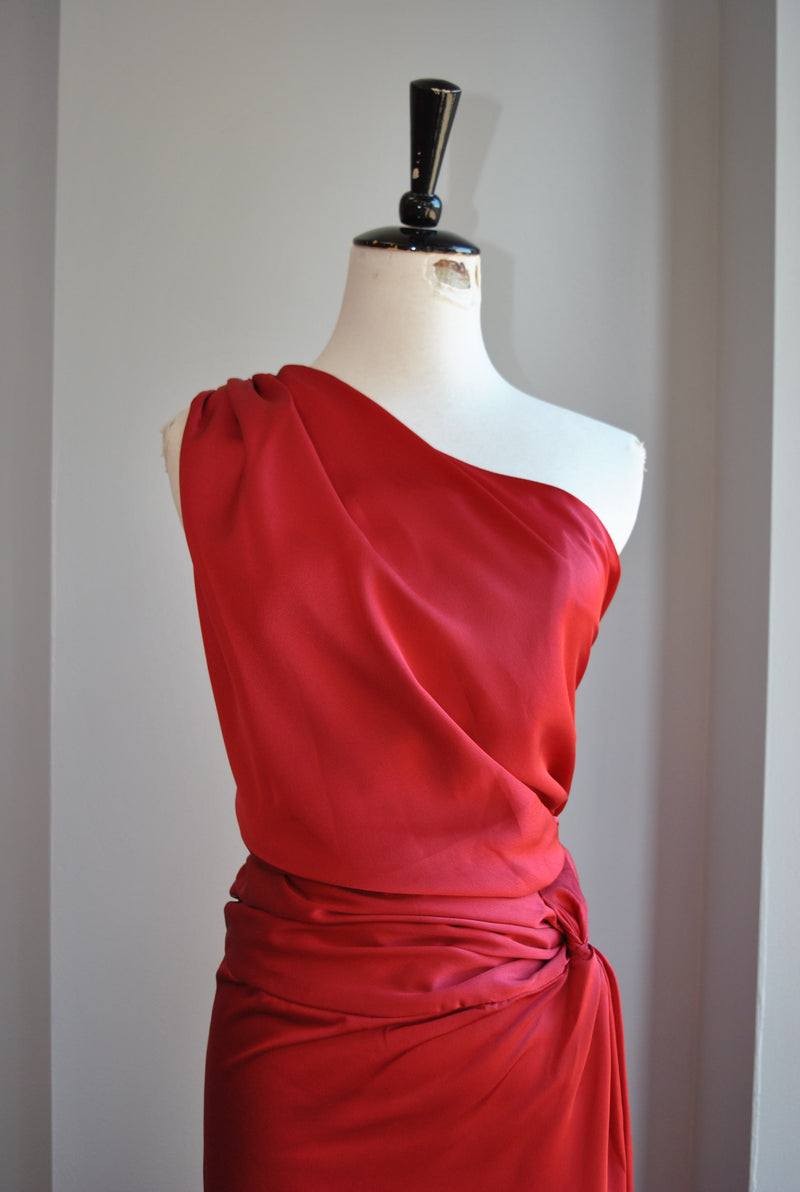 DEEP RED LONG SILKY DRESS WITH SIDE SLIT