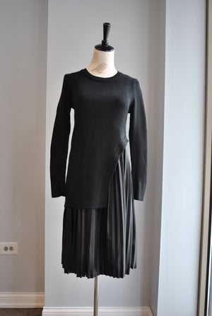 CLEARANCE - BLACK SWEATER DRESS WITH FAUX LEATHER PLEATED SLIP