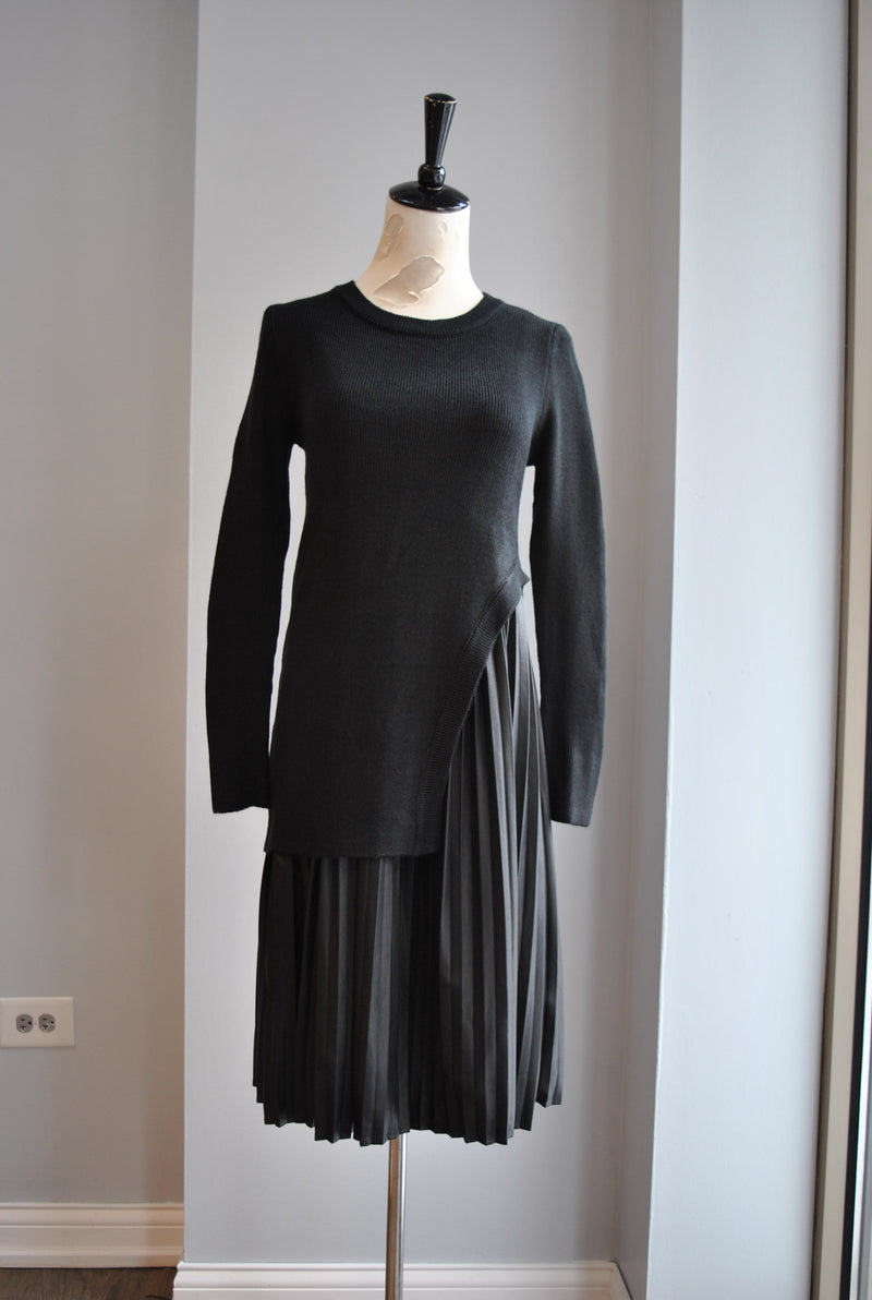 CLEARANCE - BLACK SWEATER DRESS WITH FAUX LEATHER PLEATED SLIP