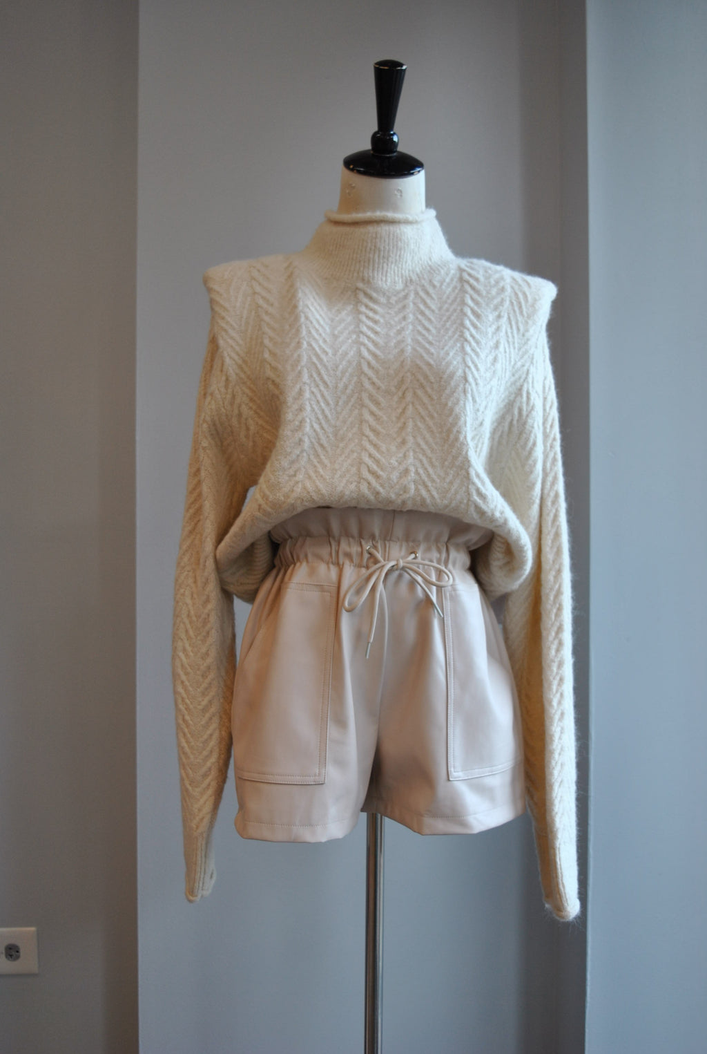 CLEARANCE - SAND COLOR FAUX LEATHER SHORTS WITH ELASTIC WAIST AND SIDE POCKETS
