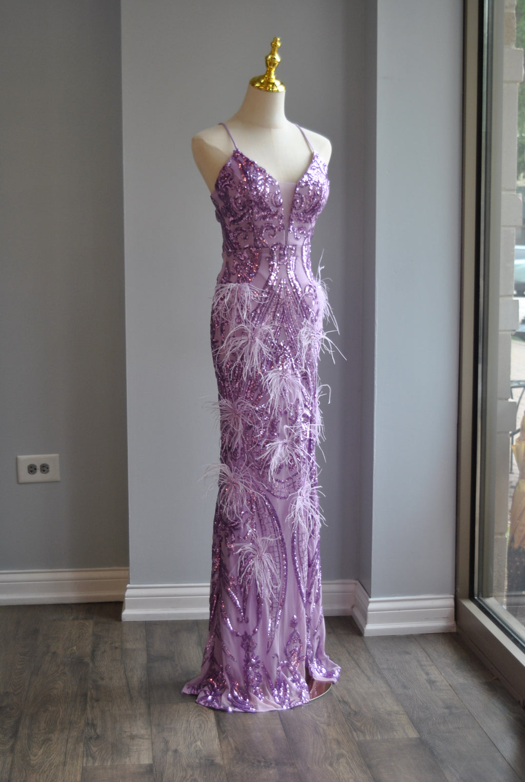 LAVENDER SEQUIN AND FEATHERS LONG EVENING GOWN