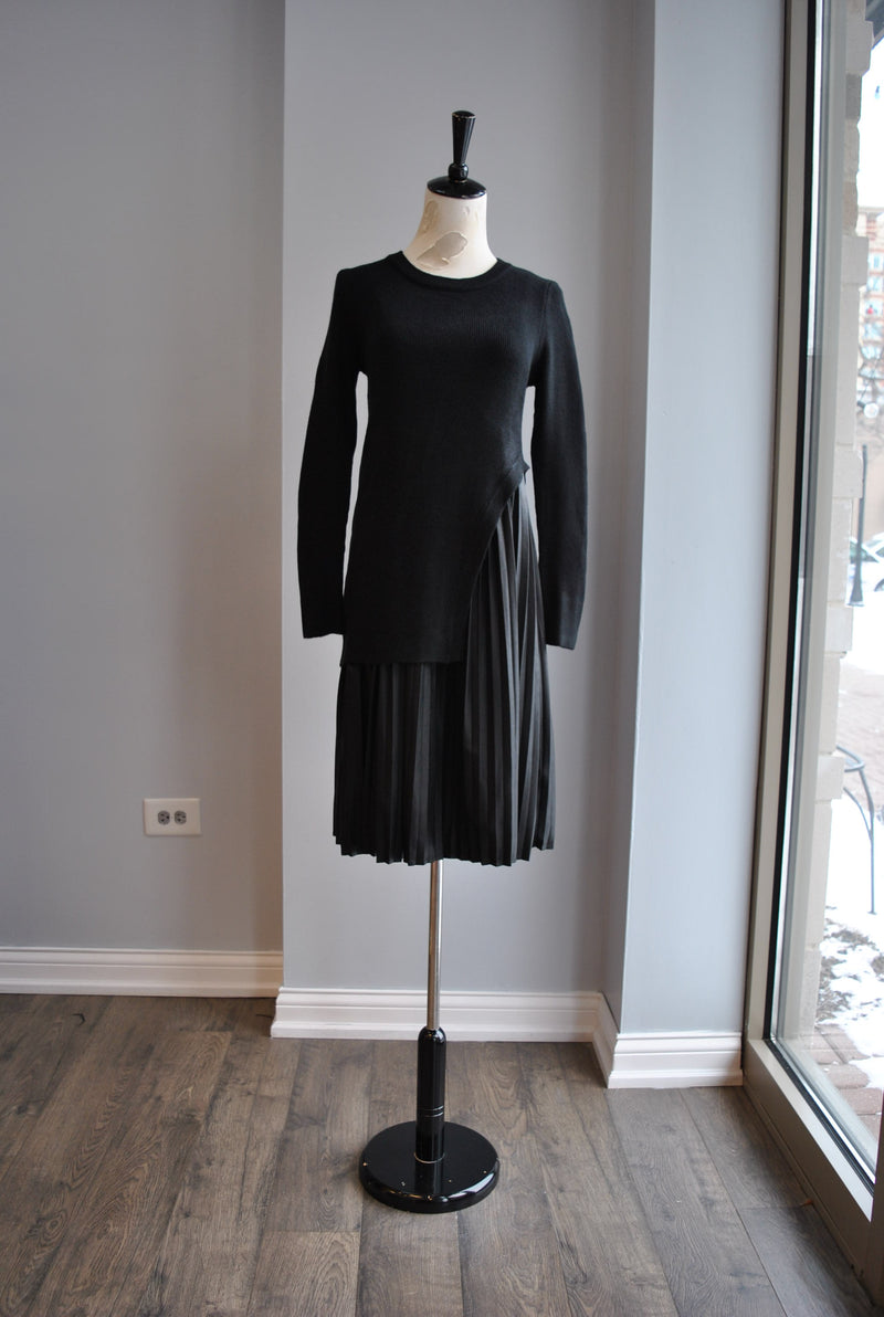 CLEARANCE - BLACK SWEATER DRESS WITH FAUX LEATHER PLEATED SLIP CLEARANCE - BLACK SWEATER DRESS WITH FAUX LEATHER PLEATED SLIP