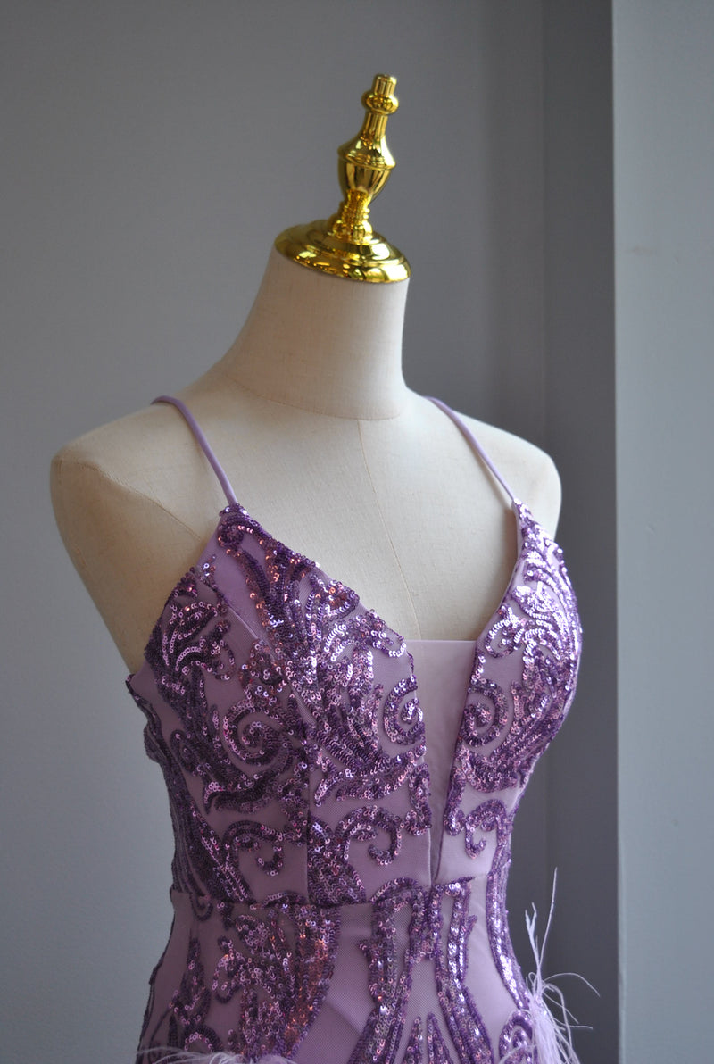 LAVENDER SEQUIN AND FEATHERS LONG EVENING GOWN