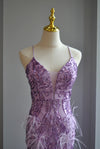 LAVENDER SEQUIN AND FEATHERS LONG EVENING GOWN