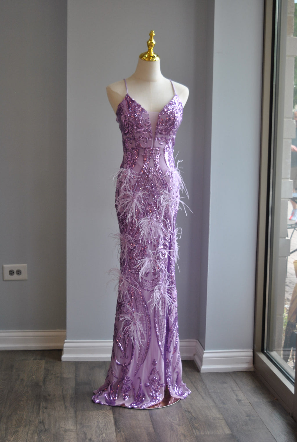 LAVENDER SEQUIN AND FEATHERS LONG EVENING GOWN
