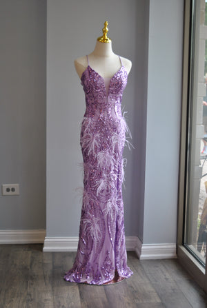 LAVENDER SEQUIN AND FEATHERS LONG EVENING GOWN