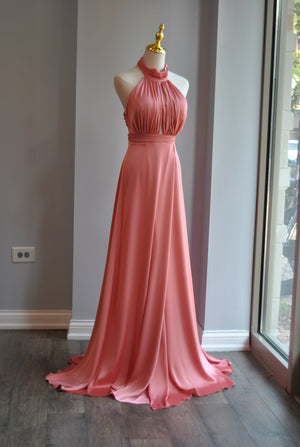 PEACH SILKY LONG EVENING GOWN