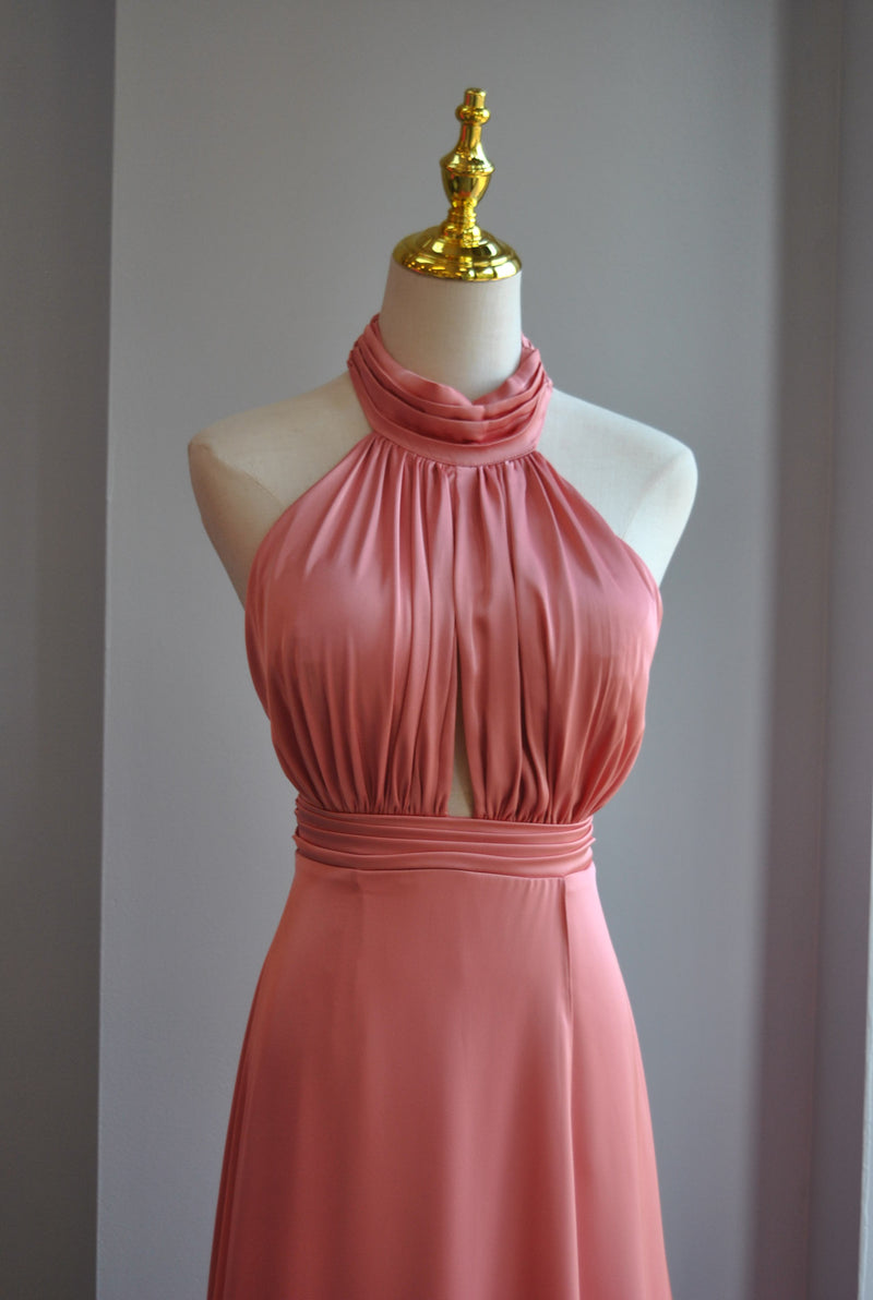 PEACH SILKY LONG EVENING GOWN