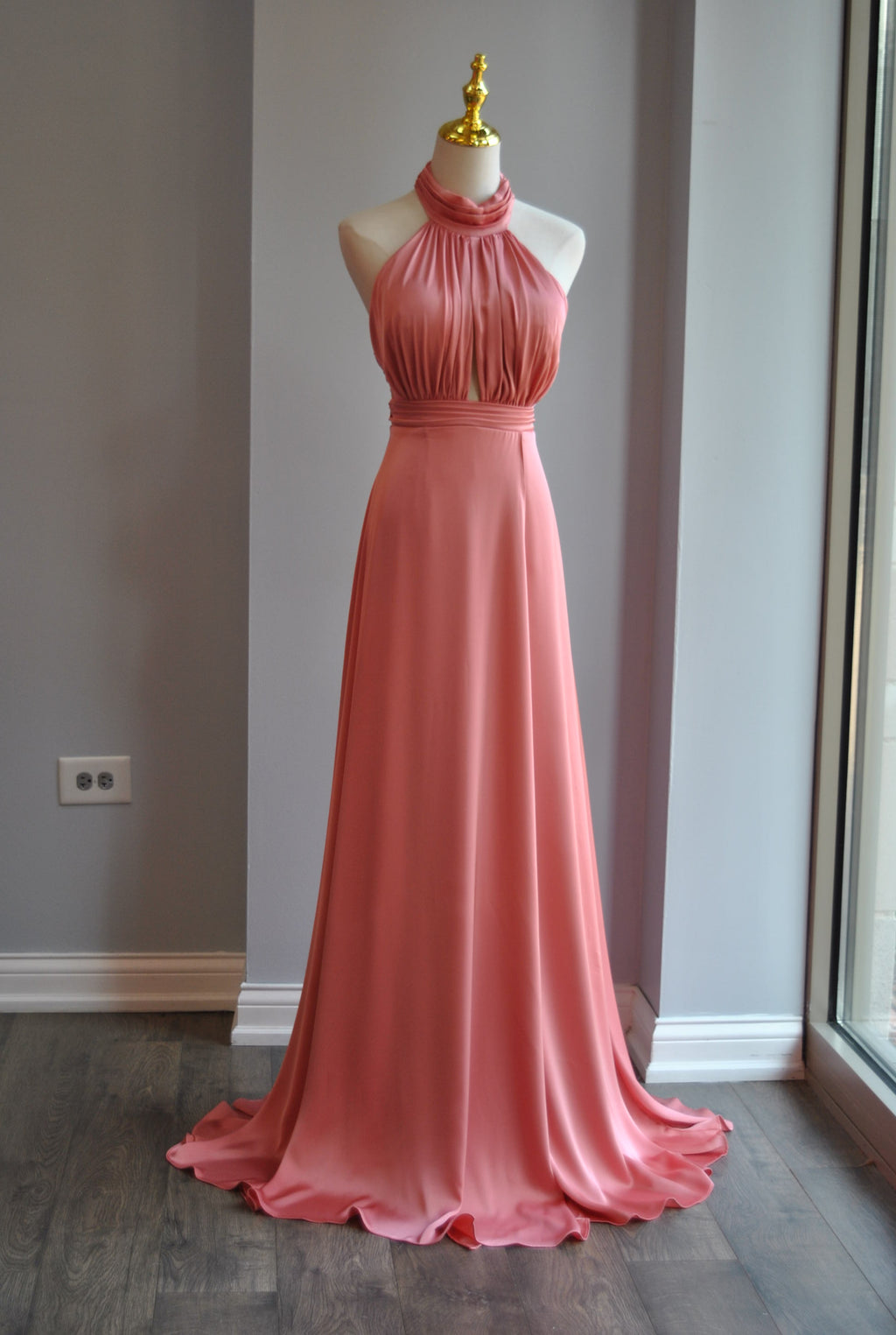 PEACH SILKY LONG EVENING GOWN