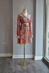 ORANGE AND TAUPE MULTI SILKY MINI FIT AND FLAIR DRESS WITH A BELT