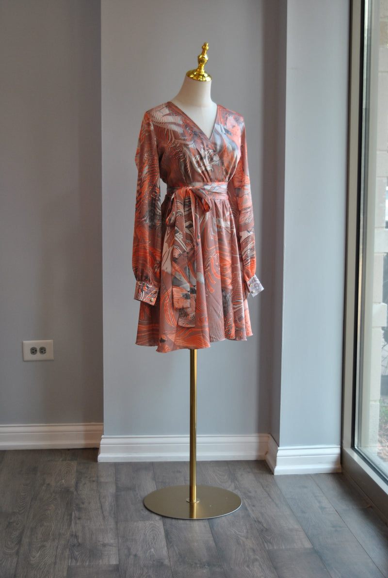 ORANGE AND TAUPE MULTI SILKY MINI FIT AND FLAIR DRESS WITH A BELT