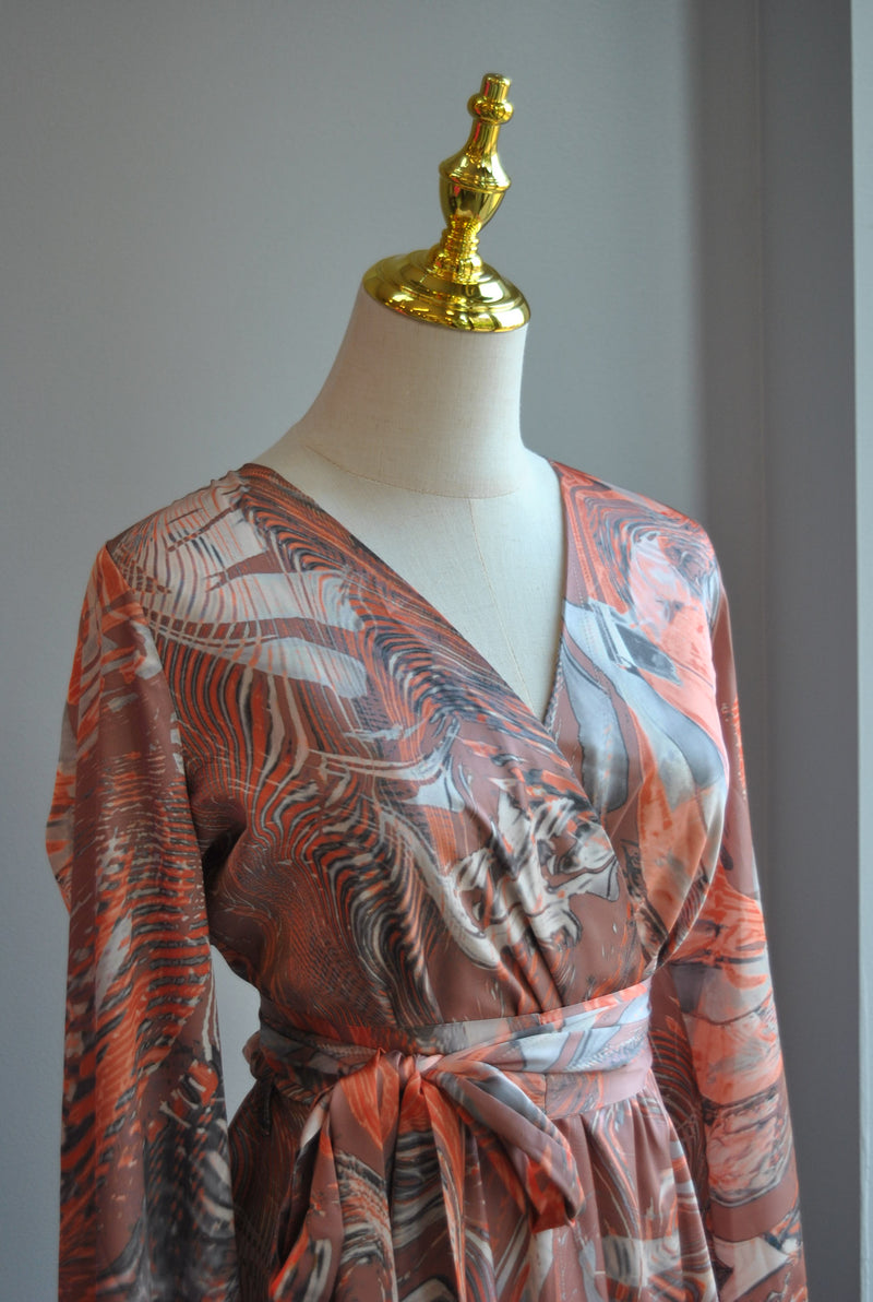 ORANGE AND TAUPE MULTI SILKY MINI FIT AND FLAIR DRESS WITH A BELT