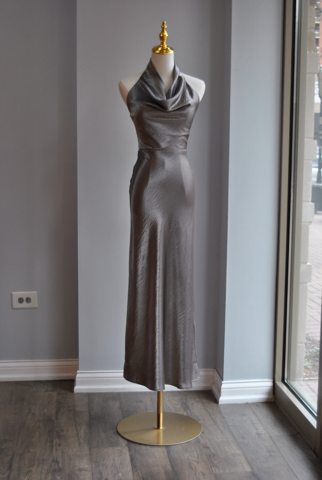 SILVER SILKLY MIDI DRESS WITH OPEN BACK AND HALETR NECK