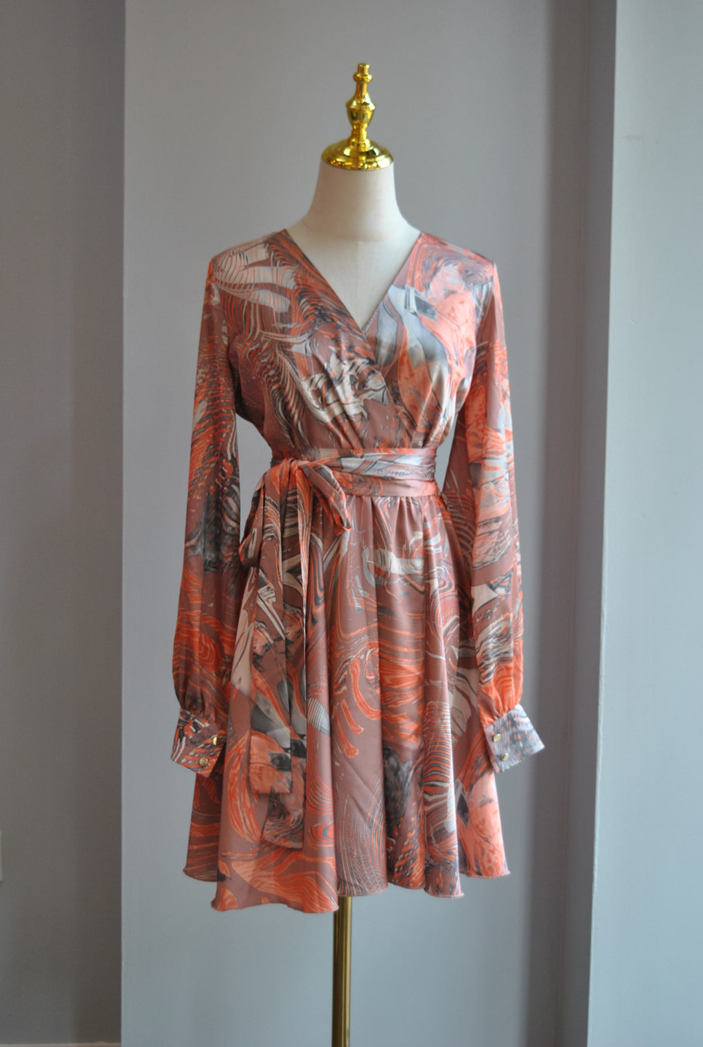 ORANGE AND TAUPE MULTI SILKY MINI FIT AND FLAIR DRESS WITH A BELT