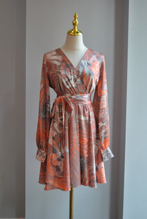 ORANGE AND TAUPE MULTI SILKY MINI FIT AND FLAIR DRESS WITH A BELT