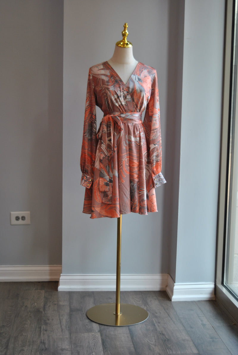 ORANGE AND TAUPE MULTI SILKY MINI FIT AND FLAIR DRESS WITH A BELT