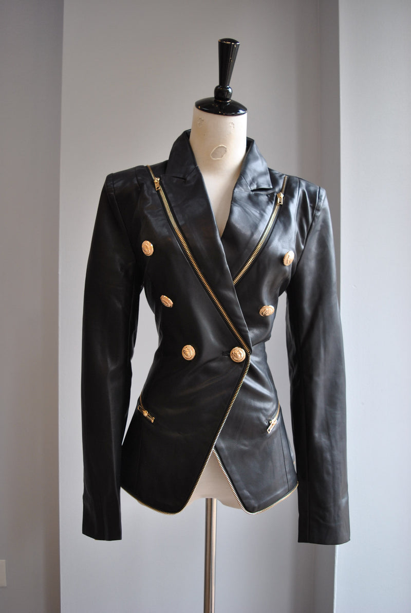 BLACK FAUX LEATHER BLAZER WITH GOLD ZIPPER